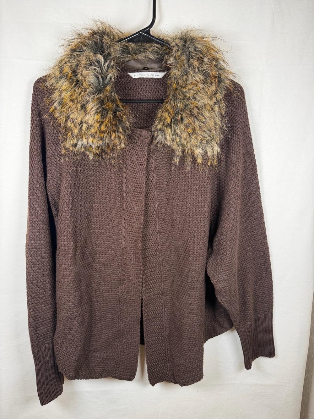 Peter Nygard Brown Knit Cardigan with Faux Fur Collar